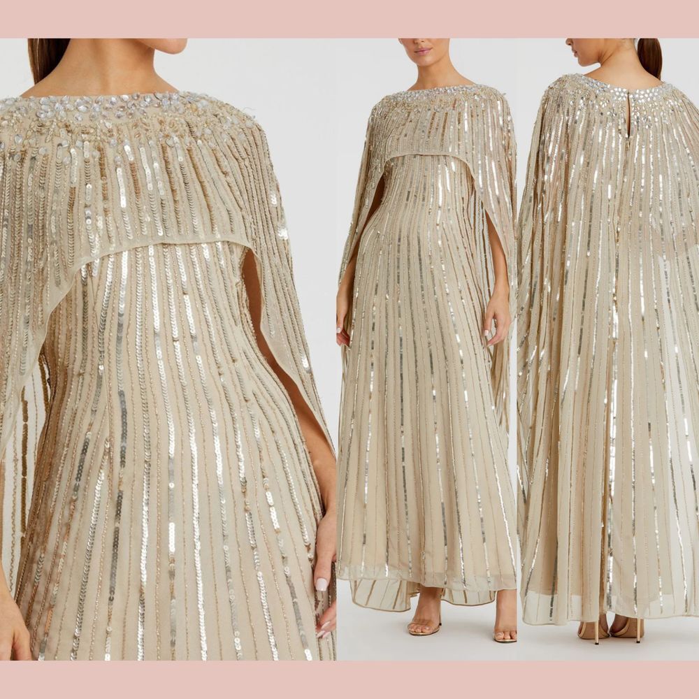 NWT Mac Duggal [ 10 ] 93869 Beaded Embellished Column‎ Cape Gown Champagne Gold